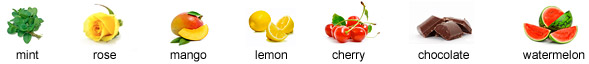 mint, rose, mango, lemon, cherry, chocolate, watermelon
